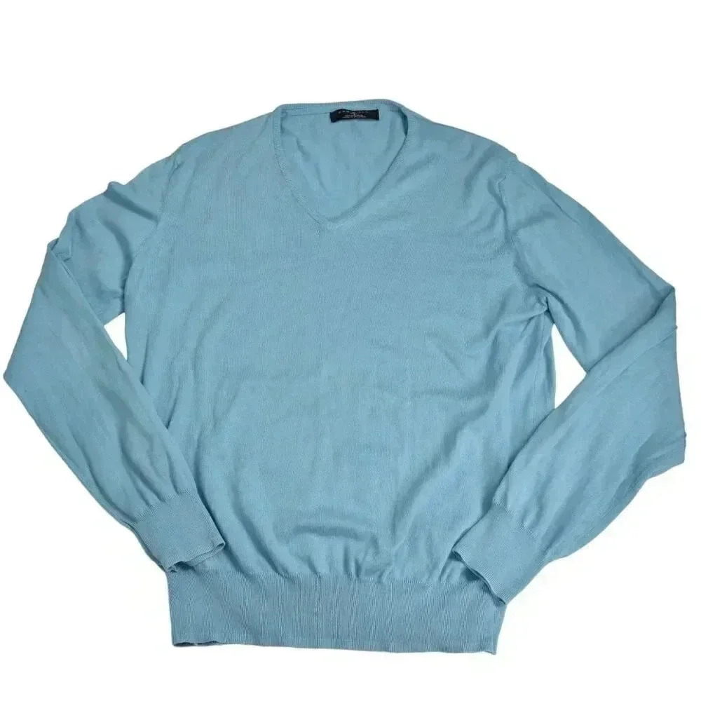 Zara Sweater V-Neck Blue Long Sleeve Cotton Lightweight Size Medium